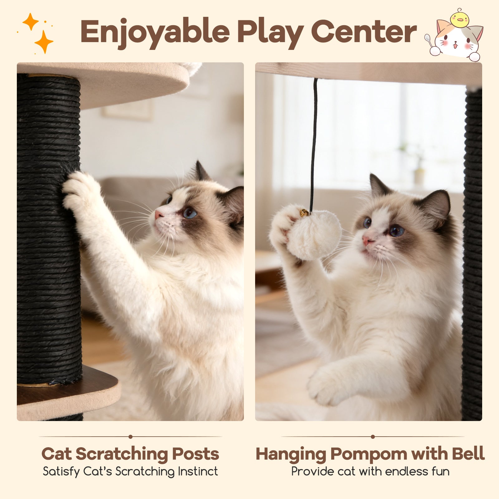 53.5 inch Tall Cat Tree for Indoor Cat Wooden Cat Tower Top Perch with Soft Padding, Brown Cat Trees Condos & Scratchers at Gallery Canada