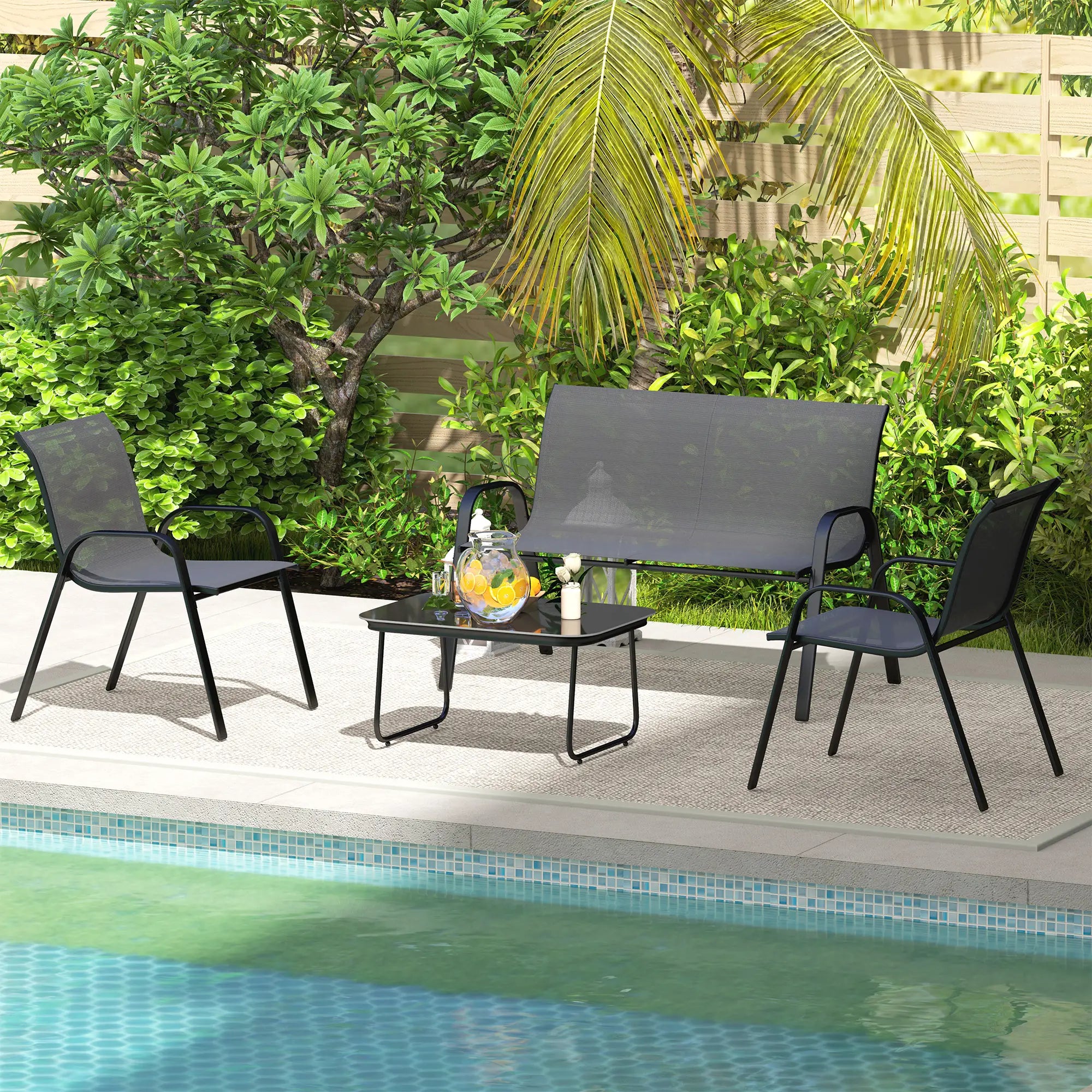 4-Piece Outdoor Furniture Set, 2 Stackable Chairs, Loveseat, Glass Coffee Table, Black Patio Furniture Sets at Gallery Canada