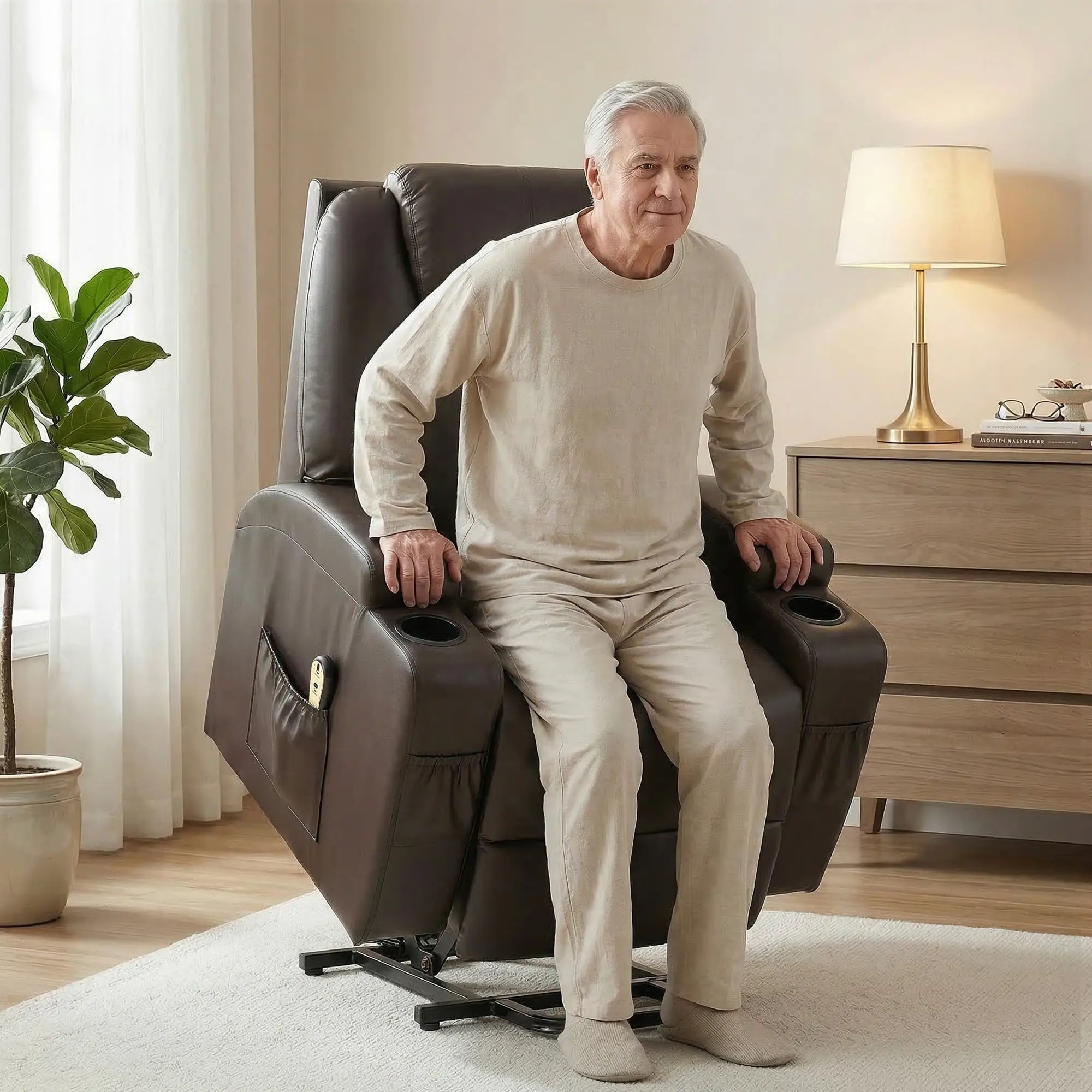 Power Lift Recliner Chair, PU Leather, Remote Control, Brown Electric Power Lift Chairs at Gallery Canada