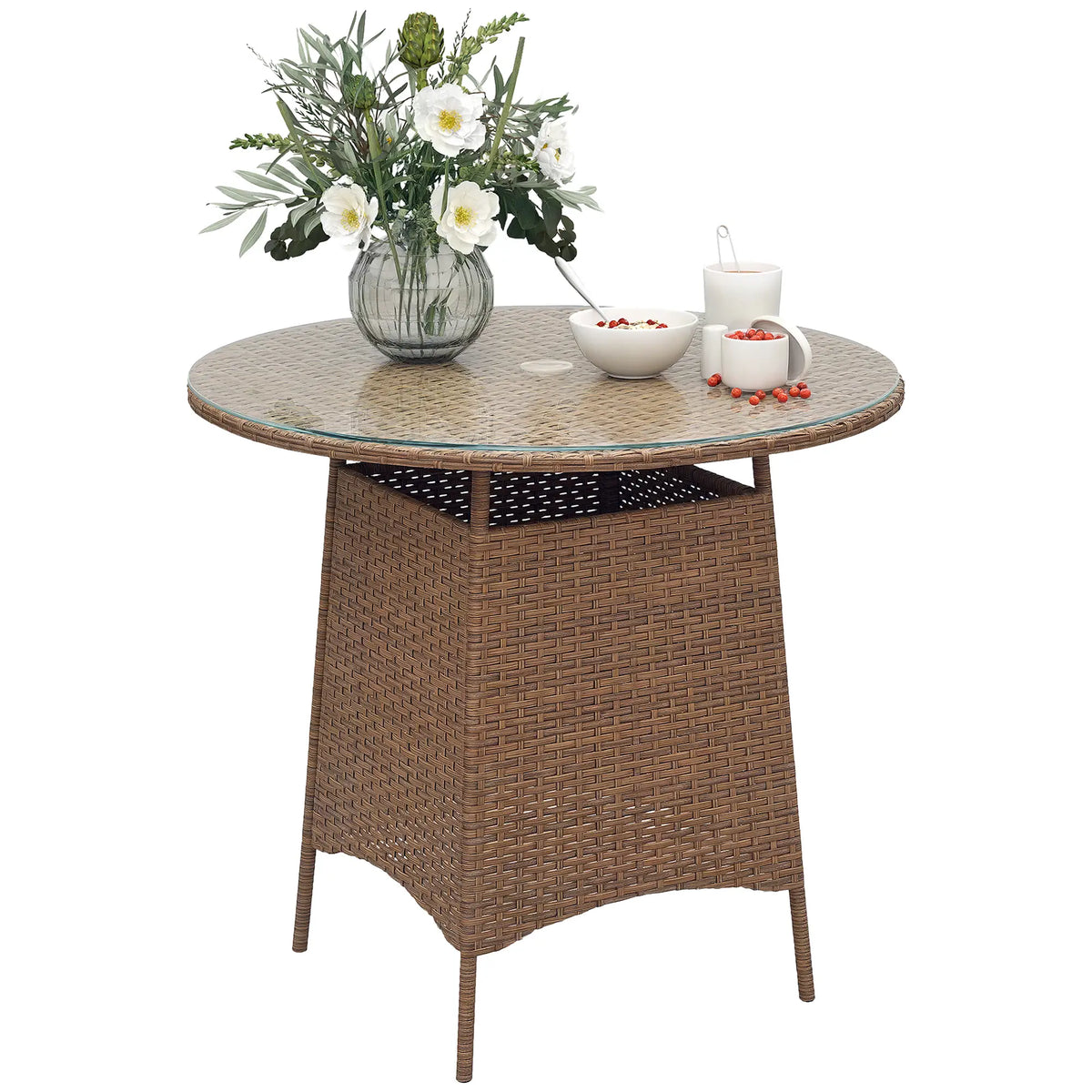 31.5" Round Patio Table with Umbrella Hole, Tempered Glass Top, Brown Coffee Tables at Gallery Canada