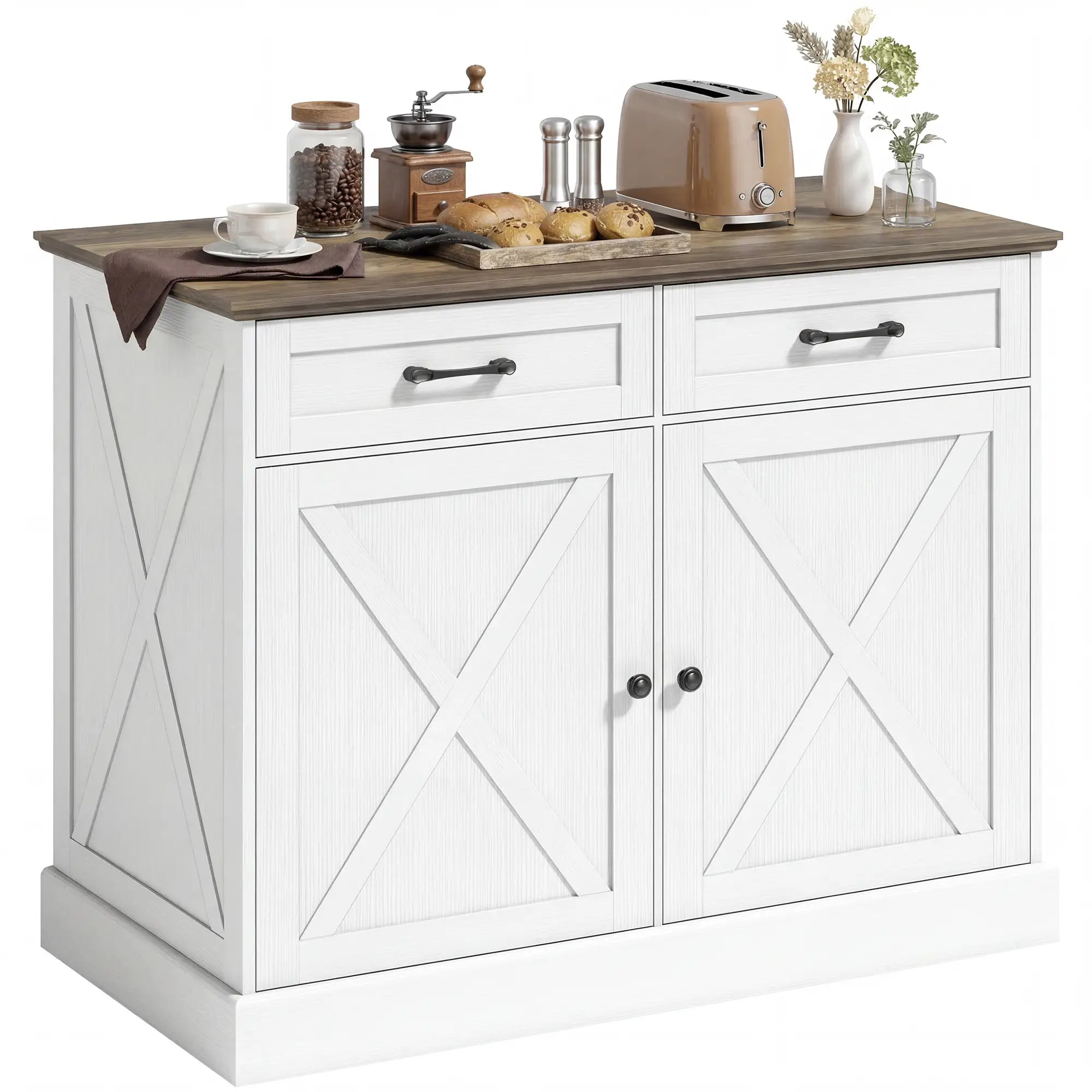 Kitchen Island with Sitting Space, Sideboard Cabinet with 2 Drawers and 2 Adjustable Shelves for Dining Room, White Kitchen Islands & Kitchen Carts at Gallery Canada