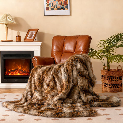 540GSM Soft Plush Fuzzy Luxury Faux Raccoon Fur Blanket for Bed-M, Golden
