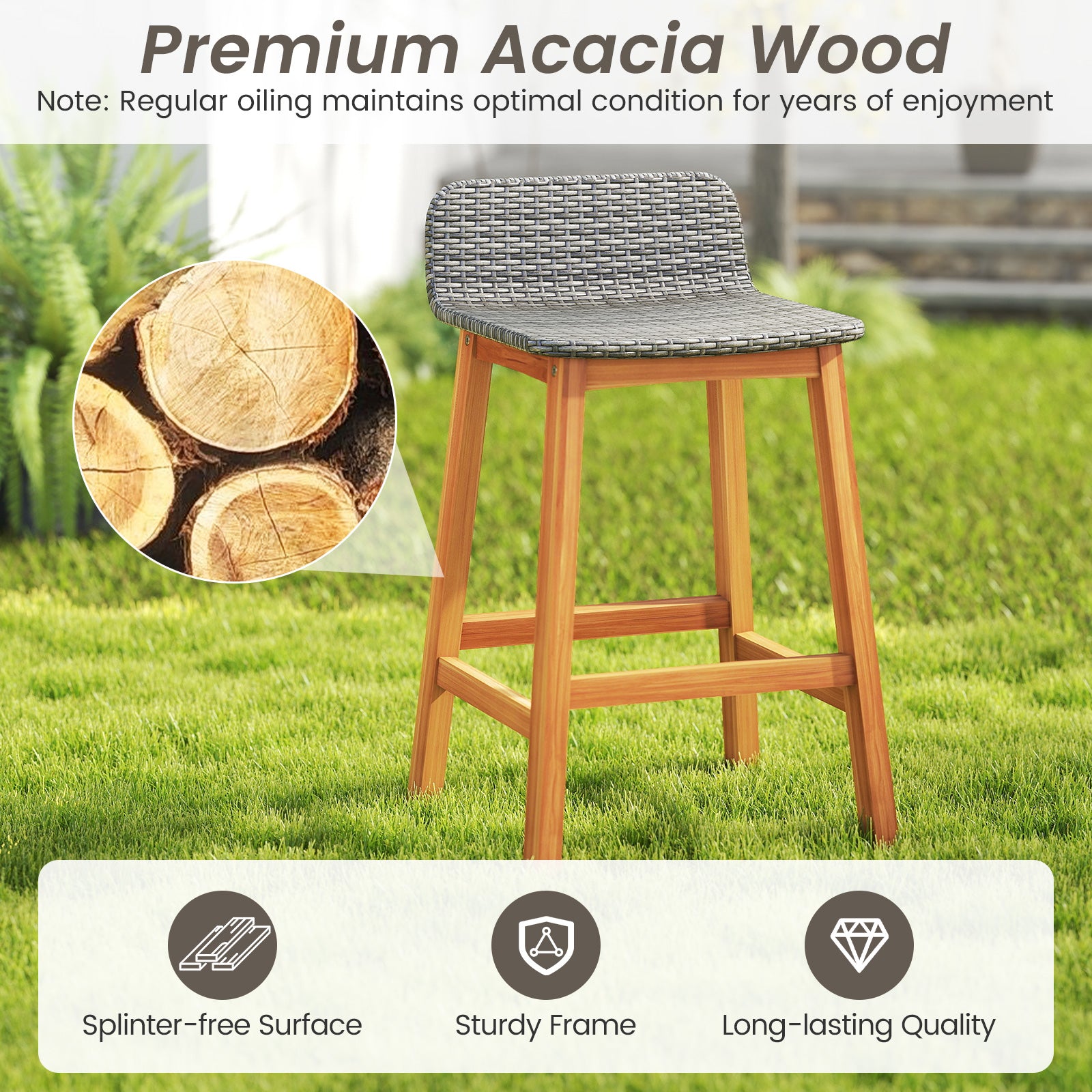 Solid Acacia Wood Bar Stools, Set of 2, Gray Patio Bar Furniture at Gallery Canada