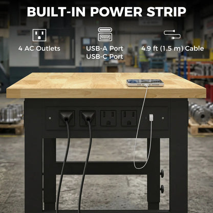 48" Adjustable Workbench, Heavy Duty Work Table with Rubber Wood Top, Power Outlets, Pegboard, 2000 LBS Capacity Tool Organizers at Gallery Canada