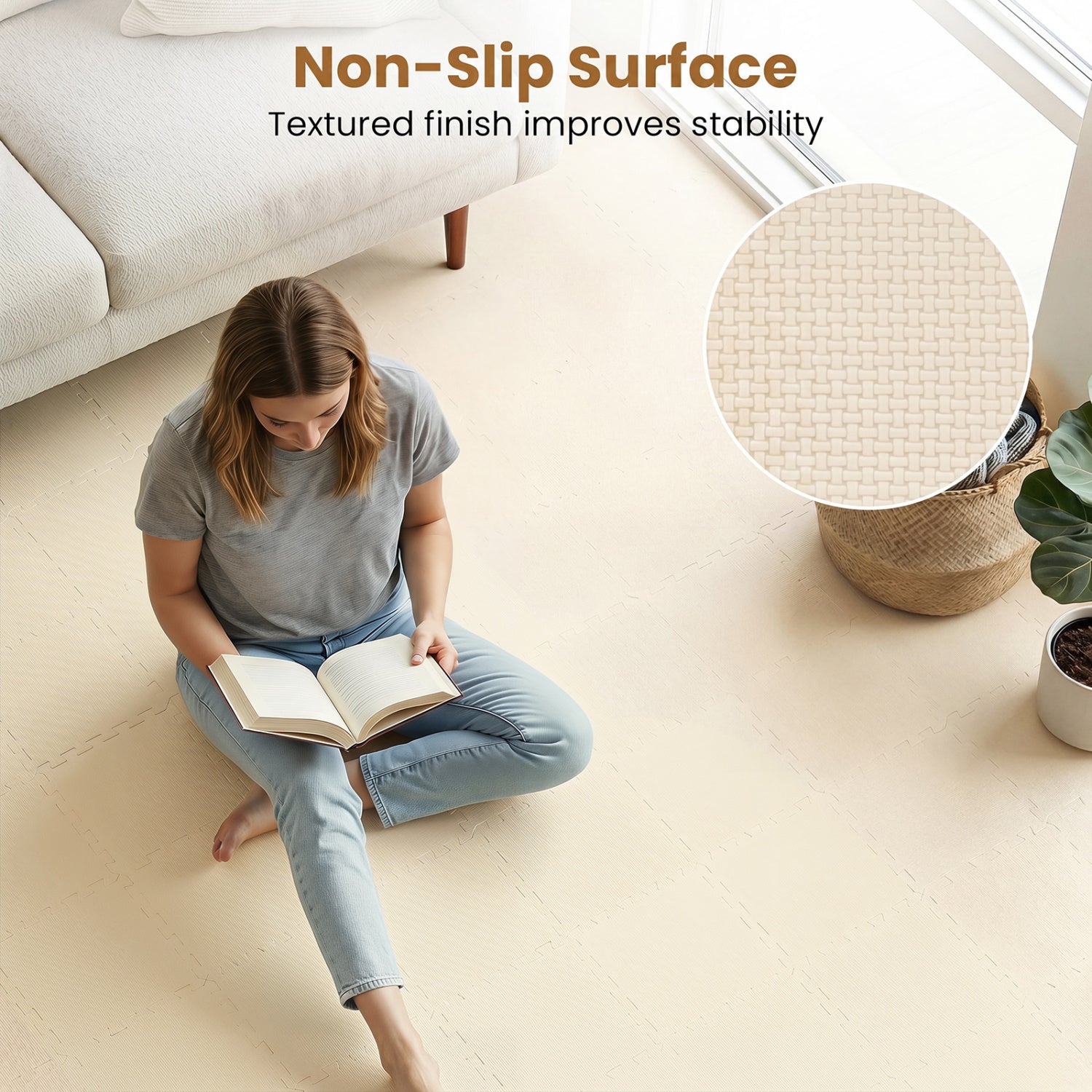 54 Pack EVA Foam Floor Tiles with Non-Slip & Borders for Home Gym, Beige Decorative Fencing & Flooring at Gallery Canada