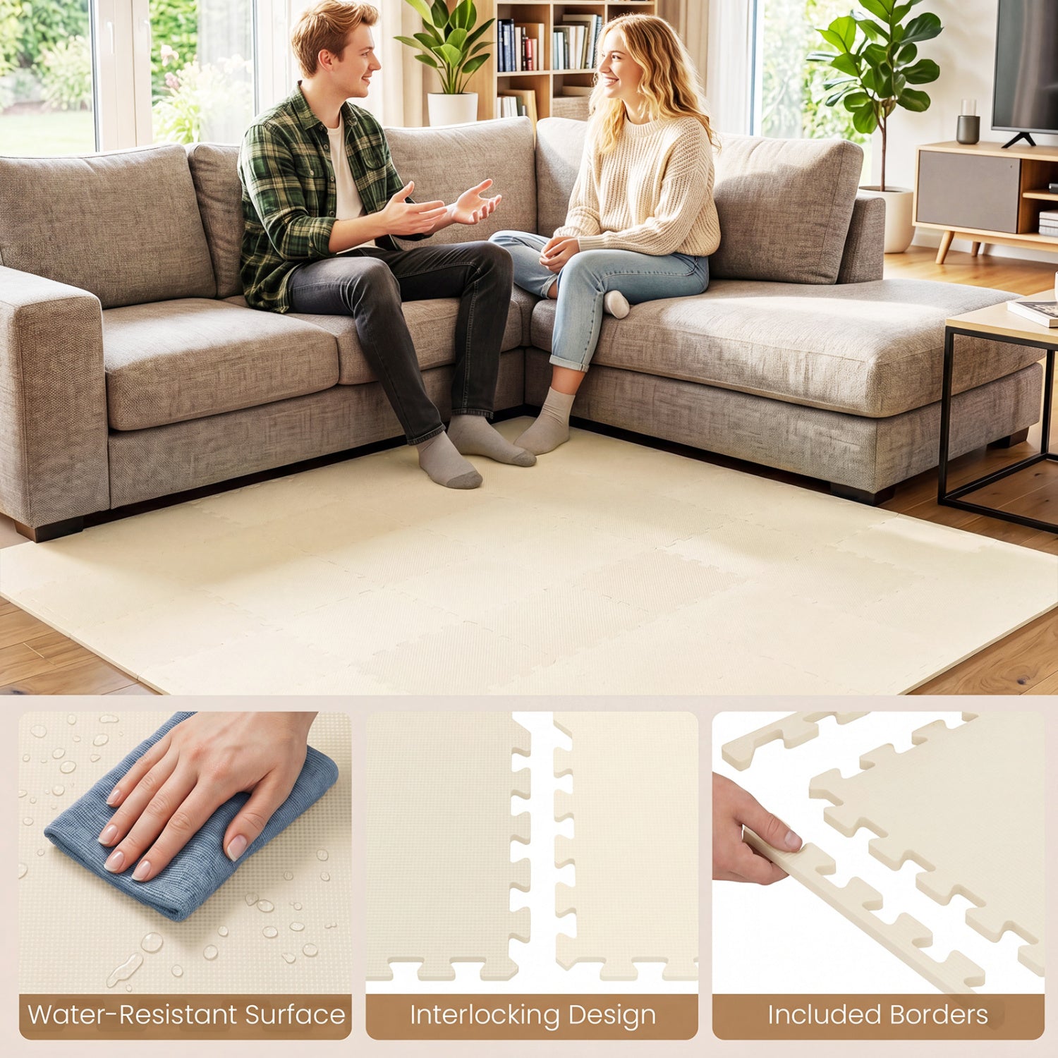 54 Pack EVA Foam Floor Tiles with Non-Slip & Borders for Home Gym, Beige Decorative Fencing & Flooring at Gallery Canada