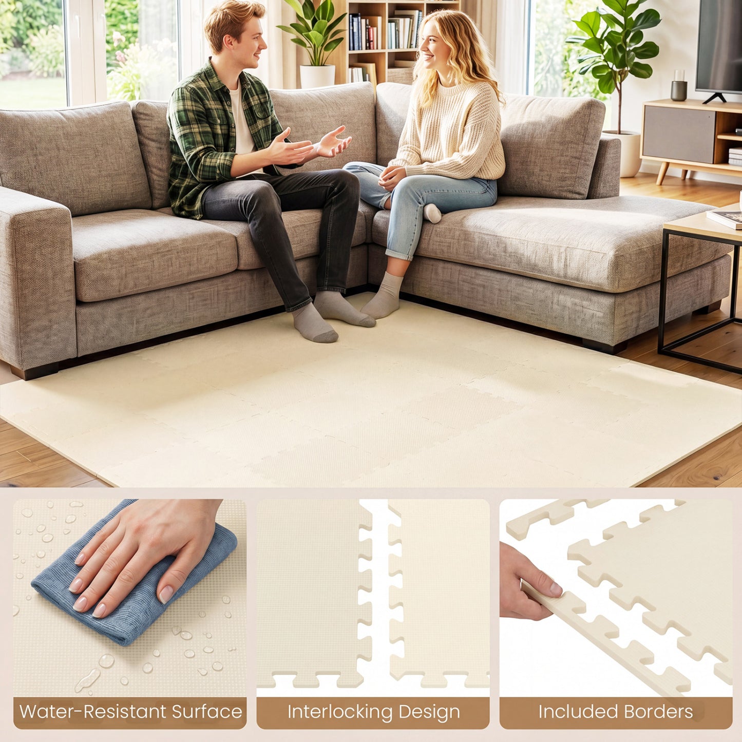 54 Pack EVA Foam Floor Tiles with Non-Slip & Borders for Home Gym, Beige Decorative Fencing & Flooring at Gallery Canada