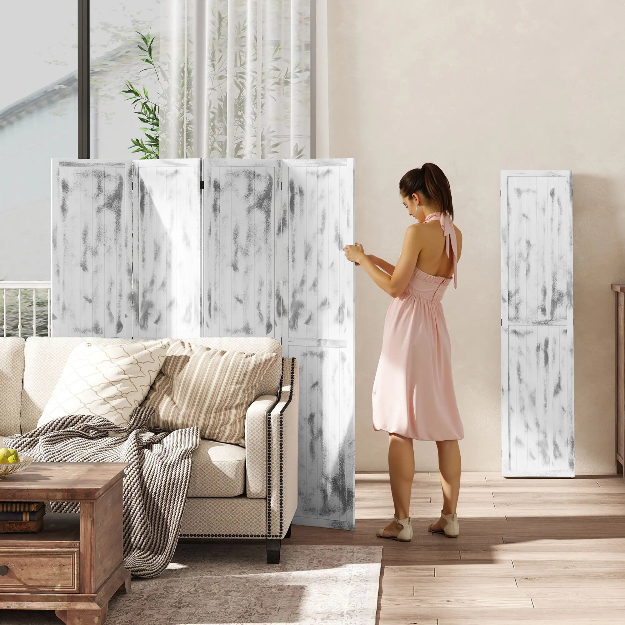 Foldable Screen Divider, 5.5' Rustic, Indoor Bedroom Office, White Room Dividers at Gallery Canada