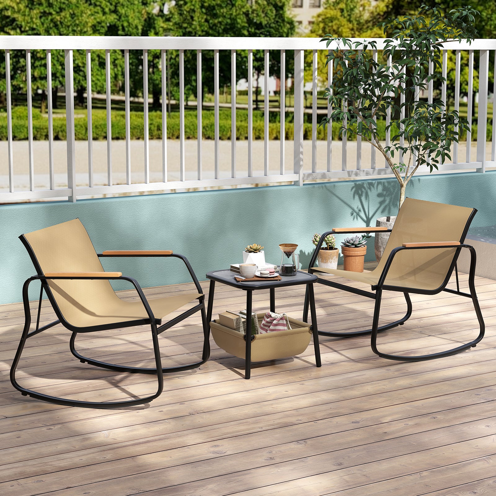 3 Piece Rocking Bistro Chairs, Side Table Set, Storage Bag, Brown Patio Conversation Sets at Gallery Canada
