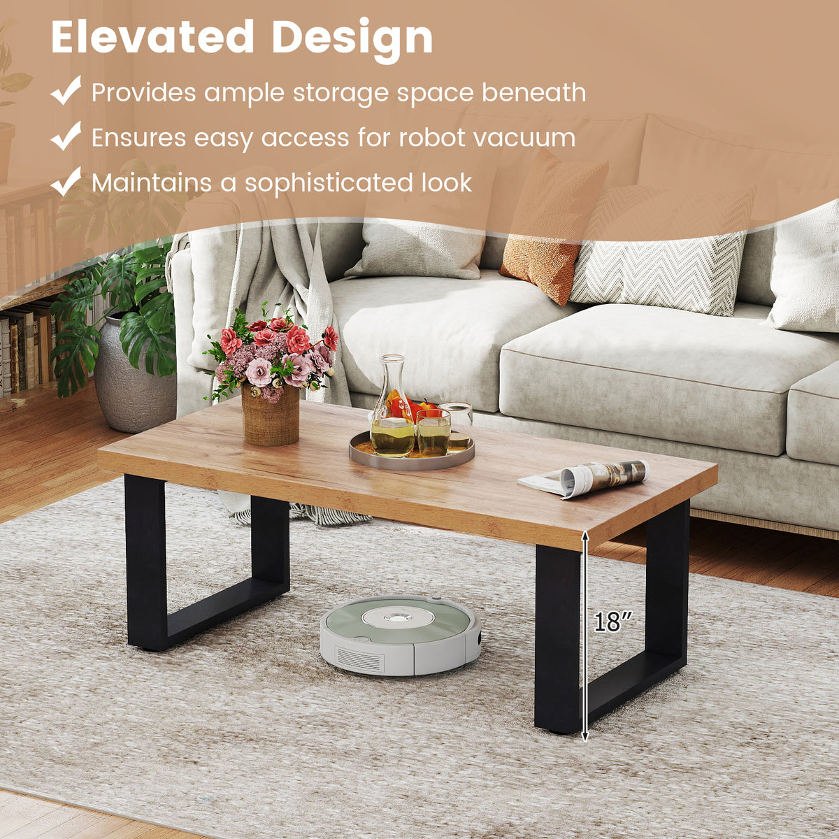47 Inch Farmhouse Coffee Table, Thickened Tabletop, Natural Wood Texture, Oak Coffee Tables at Gallery Canada