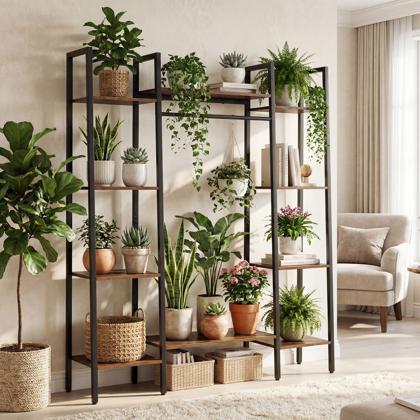 Support à plantes à 10 niveaux avec lumières LED, 55,5 pouces, brun rustique