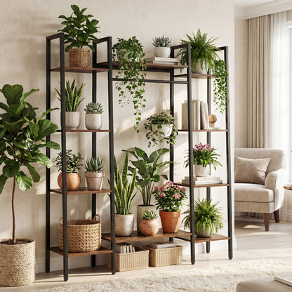 Support à plantes à 10 niveaux avec lumières LED, 55,5 pouces, brun rustique