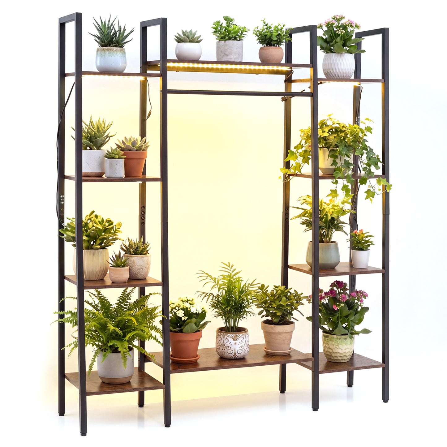 Support à plantes à 10 niveaux avec lumières LED, 55,5 pouces, brun rustique