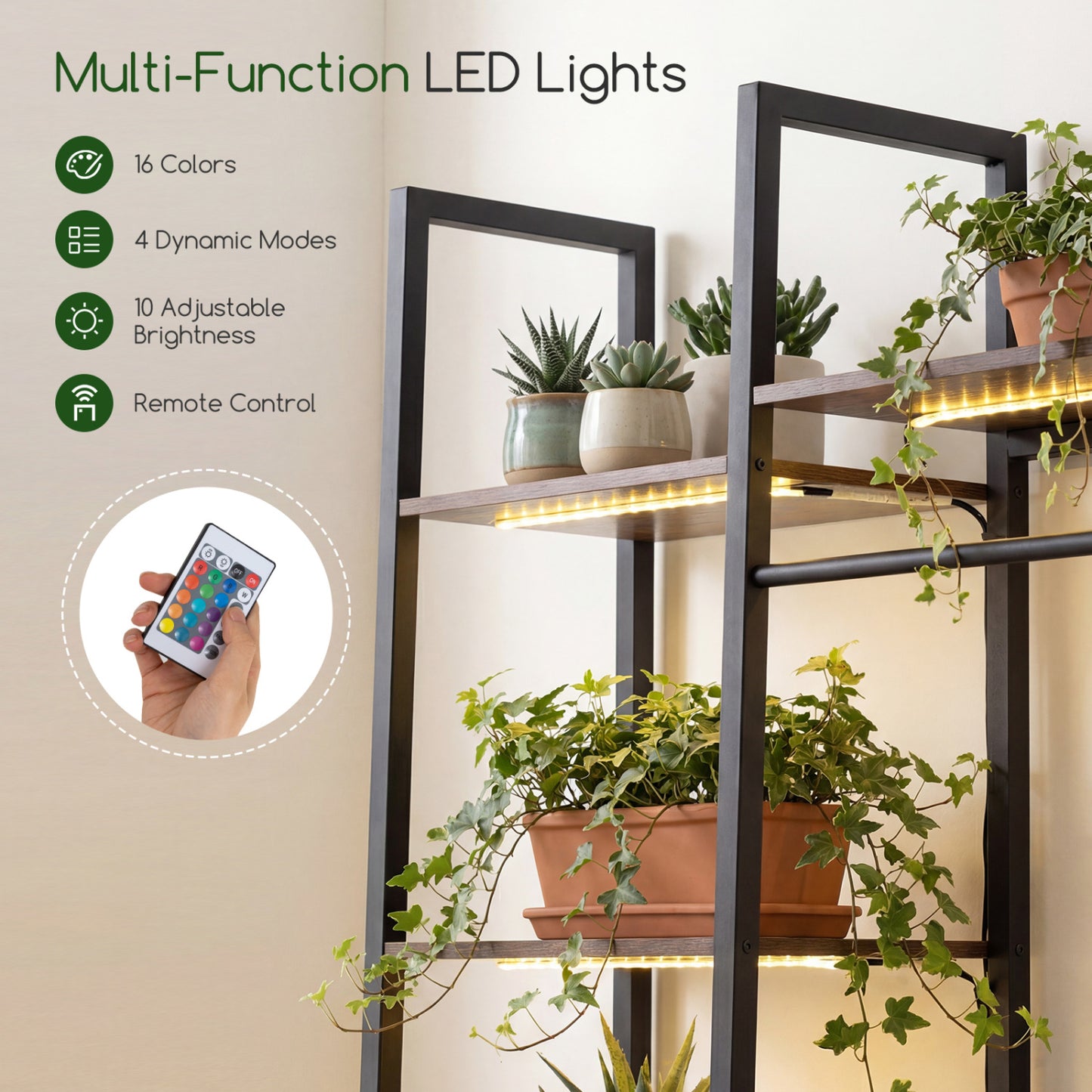 Support à plantes à 10 niveaux avec lumières LED, 55,5 pouces, brun rustique