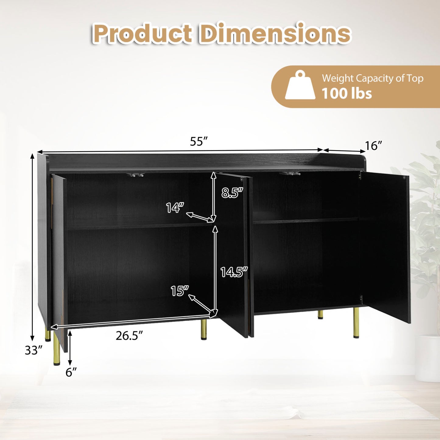 55" Buffet Cabinet with 4 Doors and 5 Metal Legs Modern Credenza, Black Sideboards Cabinets & Buffets at Gallery Canada