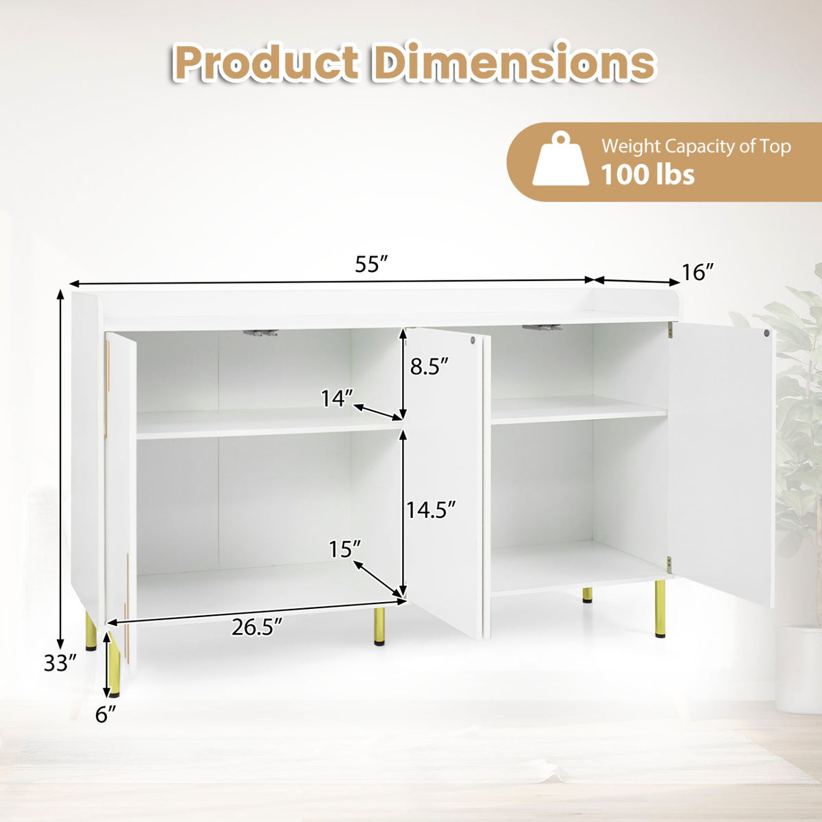 55" Buffet Cabinet, 4 Doors, Credenza, White Sideboards Cabinets & Buffets at Gallery Canada