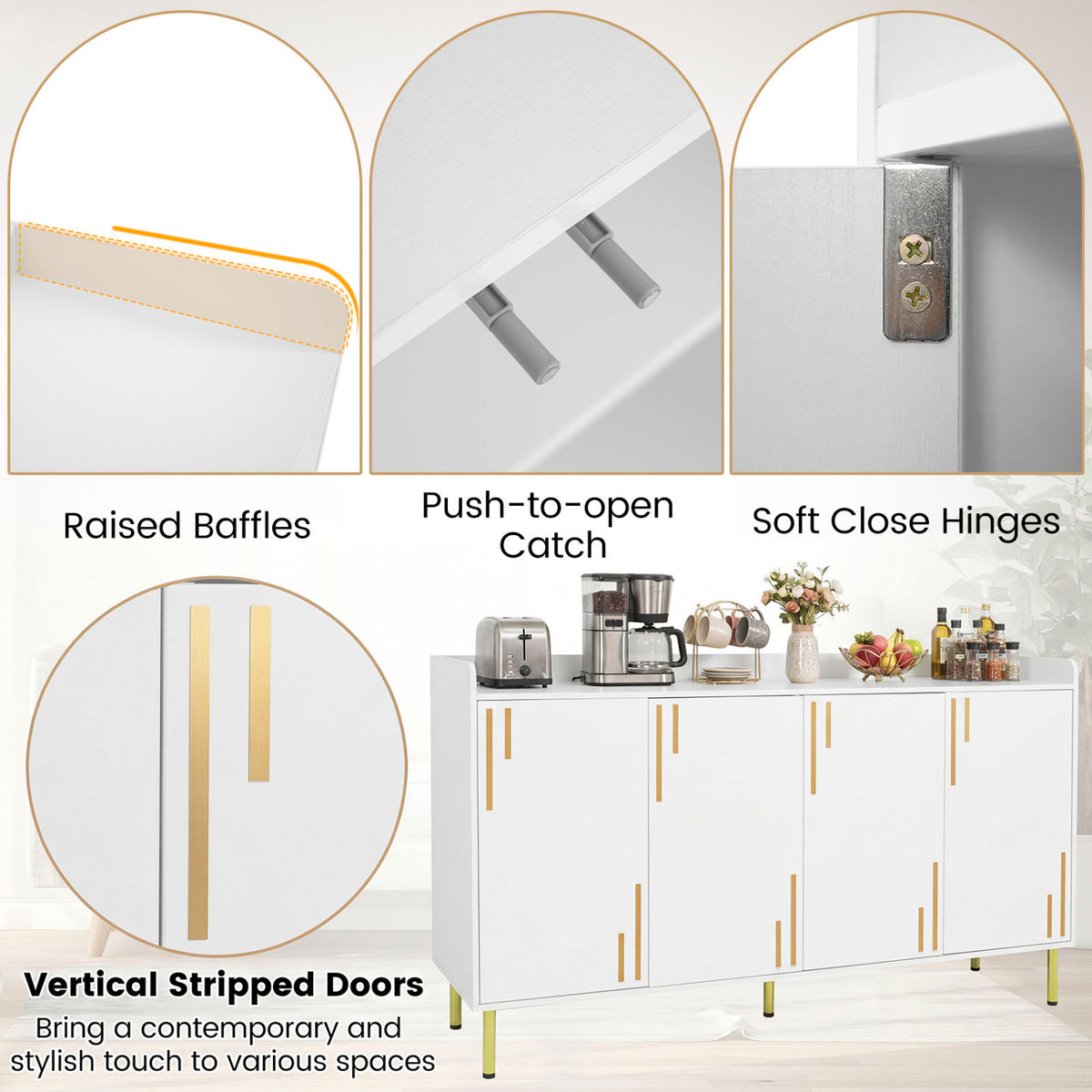 55" Buffet Cabinet, 4 Doors, Credenza, White Sideboards Cabinets & Buffets at Gallery Canada