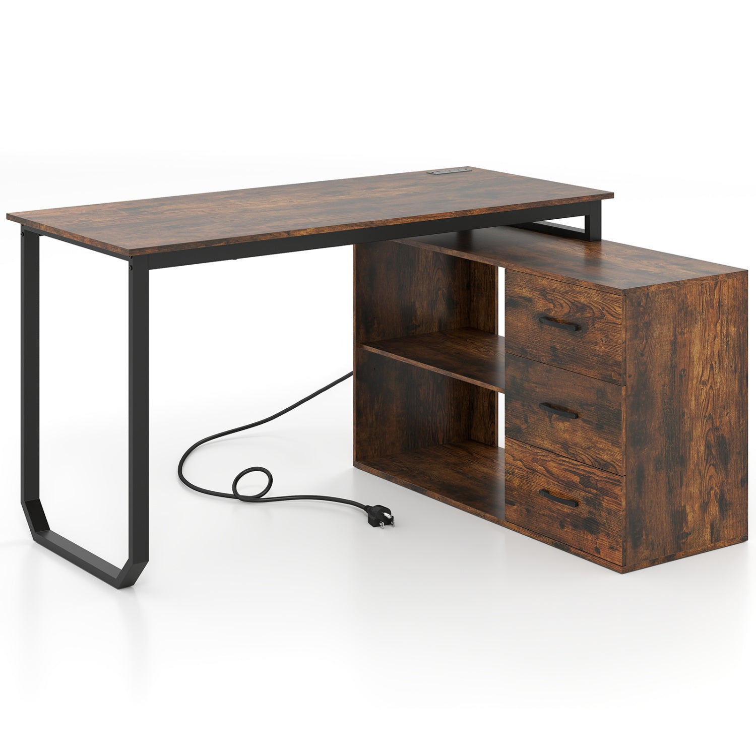 55 Inch Reversible L Shaped Desk with 3 Drawers Home Office Desk with Adjustable Shelf, Rustic Brown L-Shaped Desks Rustic Brown at Gallery Canada