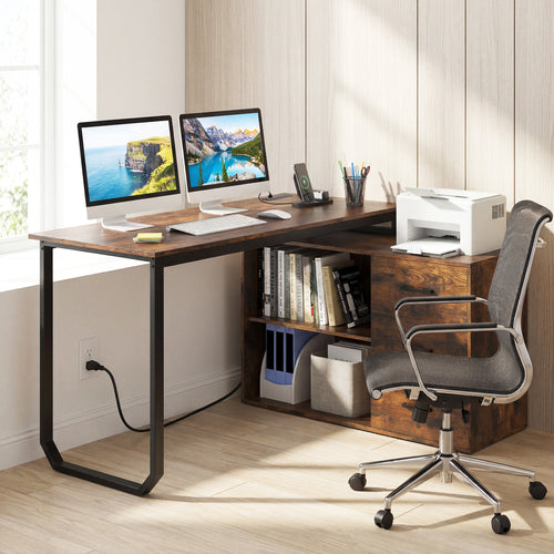 55 Inch Reversible L Shaped Desk with 3 Drawers Home Office Desk with Adjustable Shelf, Rustic Brown