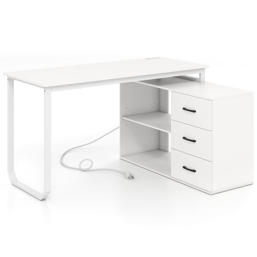 55 Inch Reversible L Shaped Desk with 3 Drawers Home Office Desk with Adjustable Shelf, White