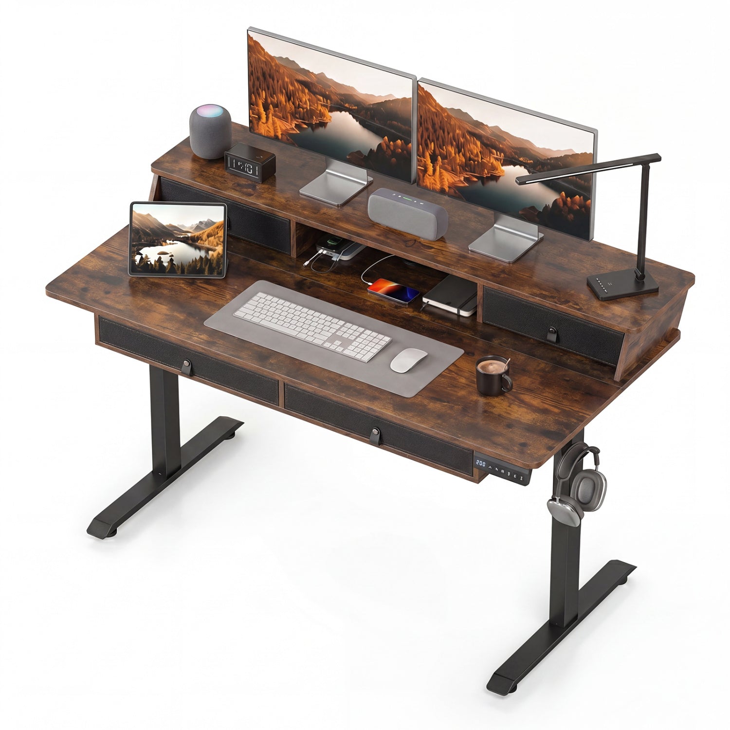 55 X 27 Inch Electric Standing Desk With Drawers, Rustic Brown Standing Desks at Gallery Canada