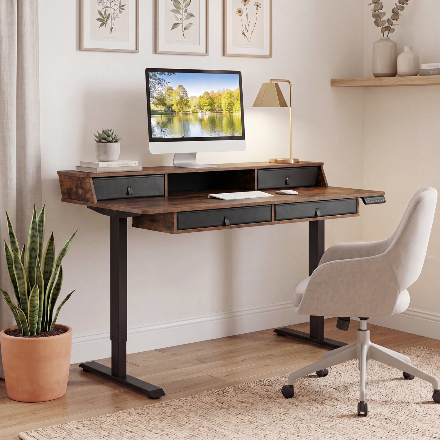55 X 27 Inch Electric Standing Desk With Drawers, Rustic Brown Standing Desks at Gallery Canada