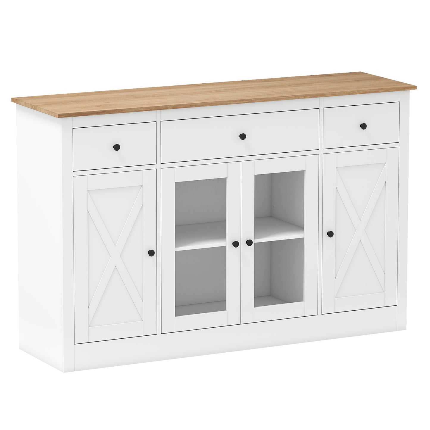55" Large Buffet Sideboard Kitchen Storage Cabinet with 3 Drawers 2 See-through Doors Adjustable Shelves Wine Bar Table, White Sideboards Cabinets & Buffets at Gallery Canada