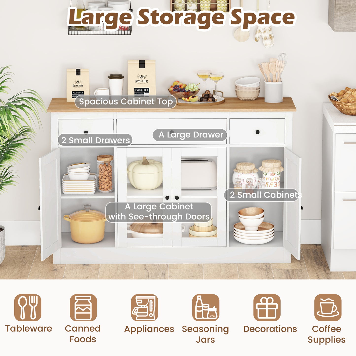 55" Large Buffet Sideboard Kitchen Storage Cabinet with 3 Drawers 2 See-through Doors Adjustable Shelves Wine Bar Table, White Sideboards Cabinets & Buffets at Gallery Canada