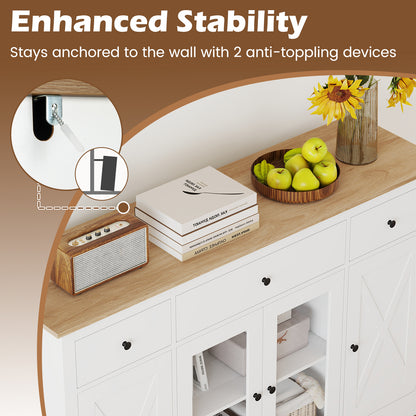55" Large Buffet Sideboard Kitchen Storage Cabinet with 3 Drawers 2 See-through Doors Adjustable Shelves Wine Bar Table, White Sideboards Cabinets & Buffets at Gallery Canada