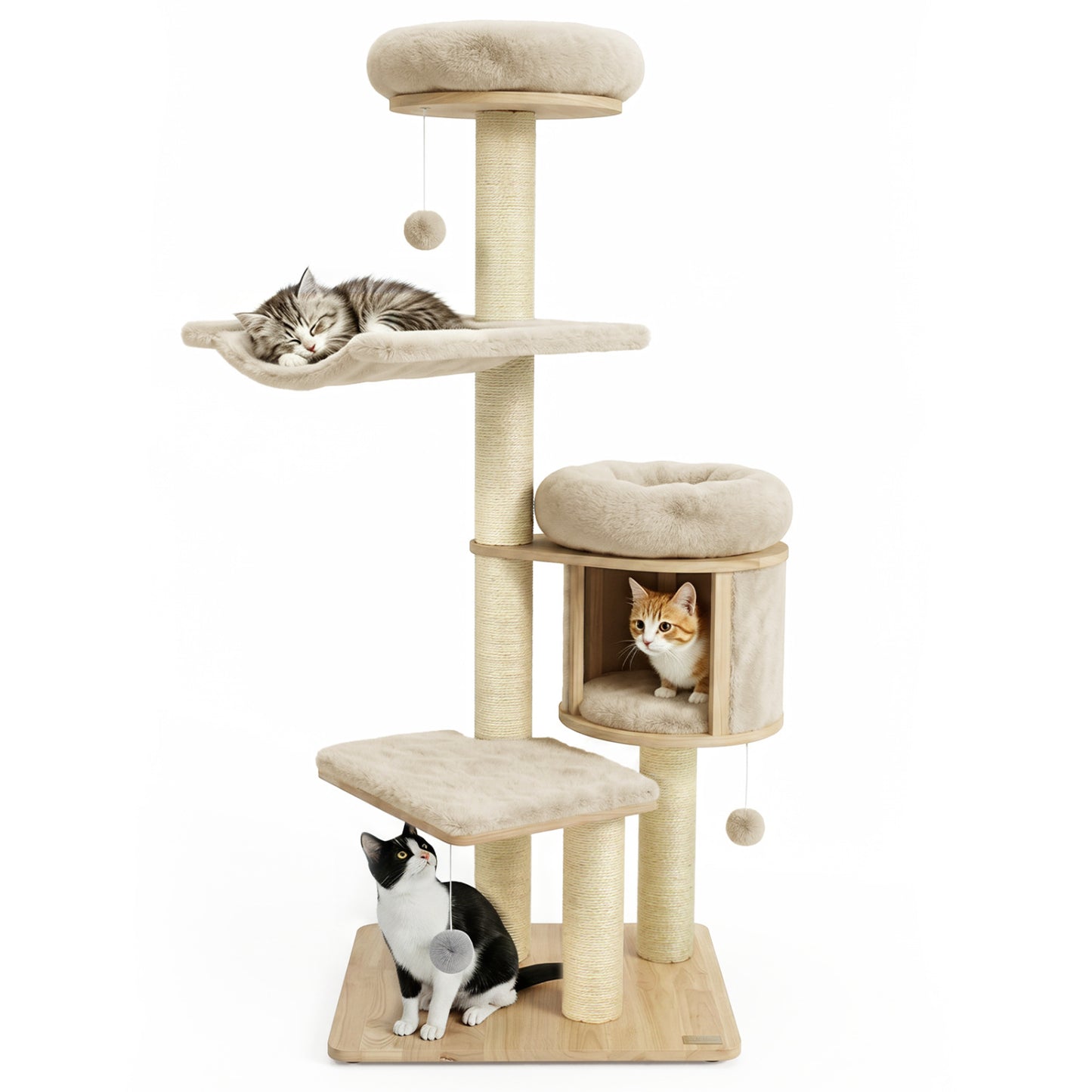 55" Solid Rubber Wood Cat Tree, Condo & Hammock, Beige