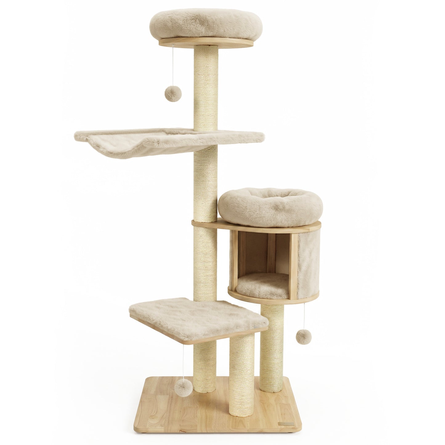 55" Solid Rubber Wood Cat Tree, Condo & Hammock, Beige