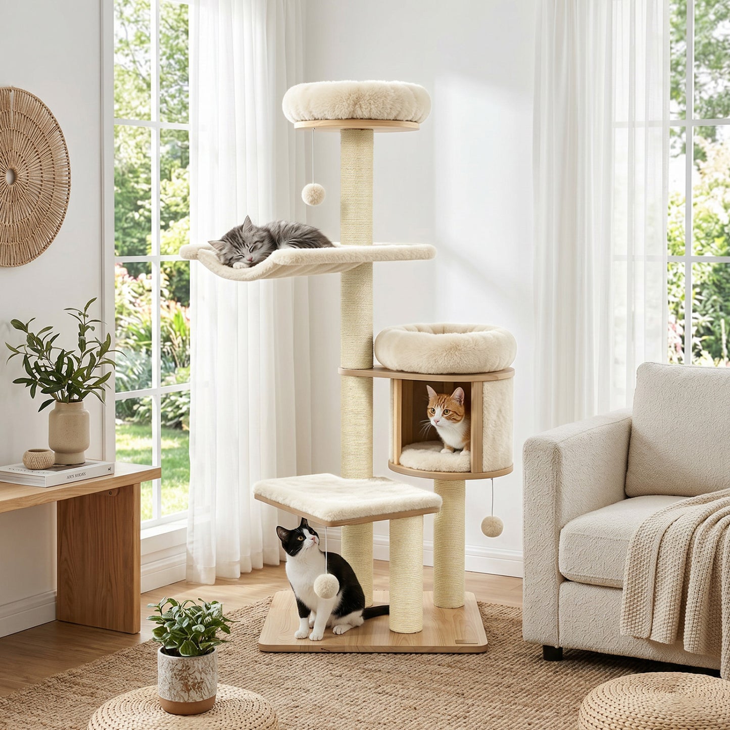 55" Solid Rubber Wood Cat Tree, Condo & Hammock, Beige