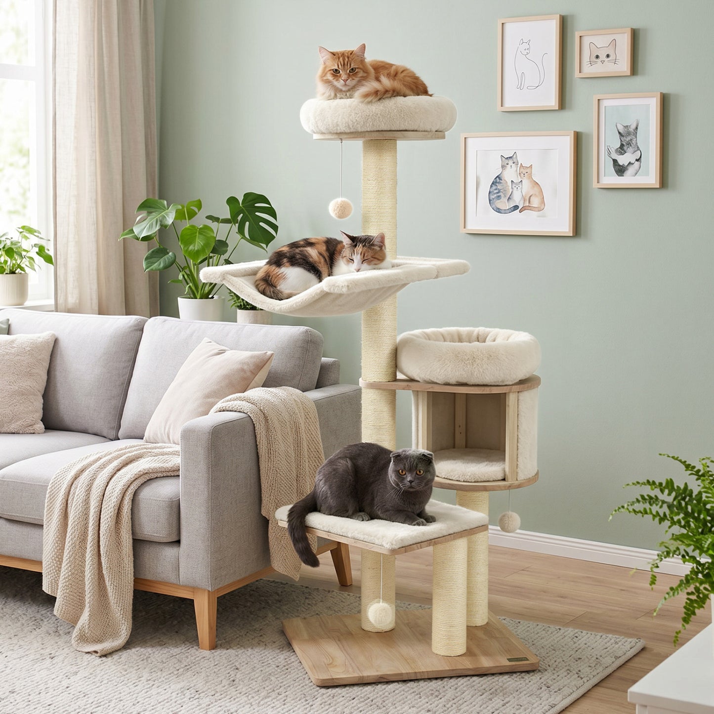 55" Solid Rubber Wood Cat Tree, Condo & Hammock, Beige