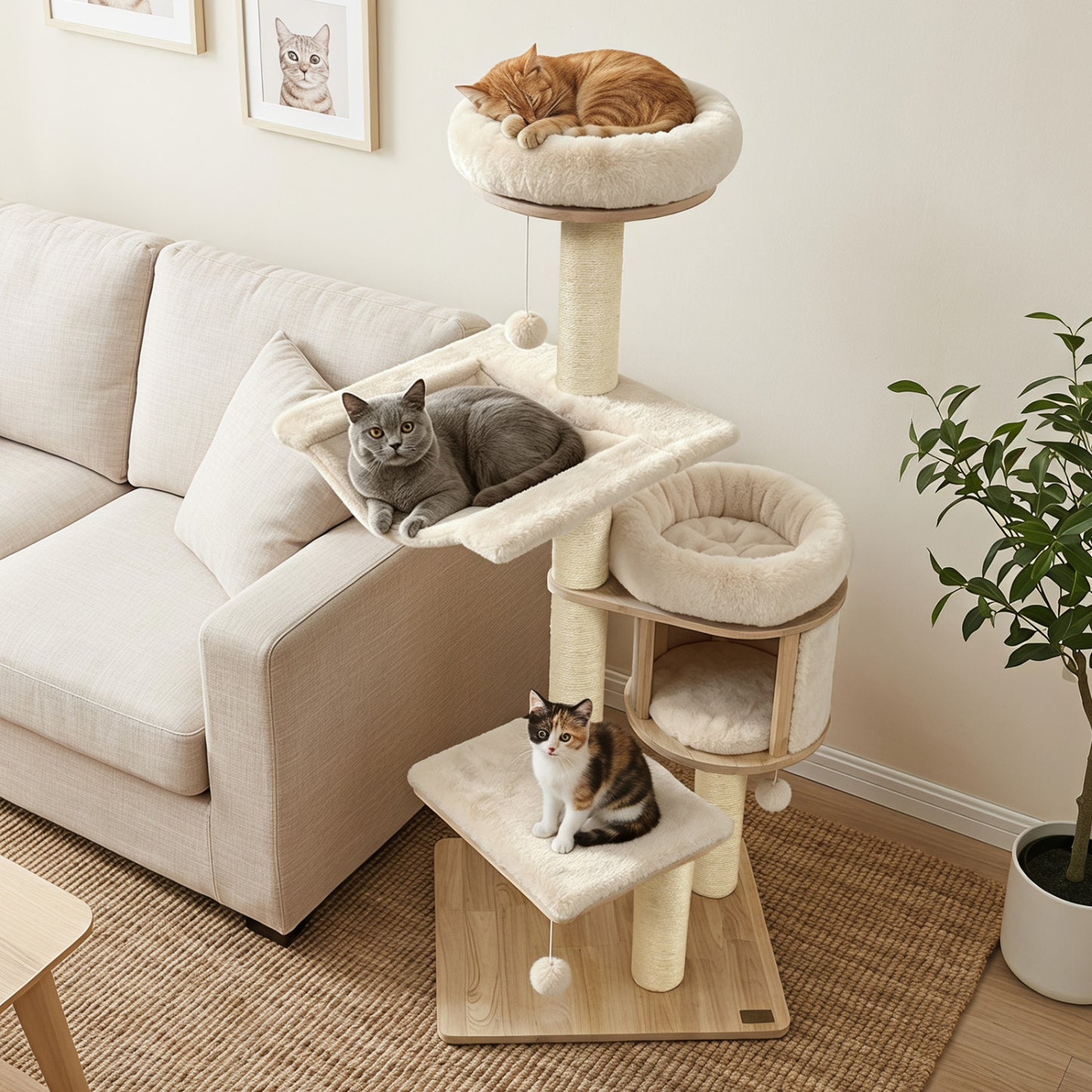 55" Solid Rubber Wood Cat Tree, Condo & Hammock, Beige