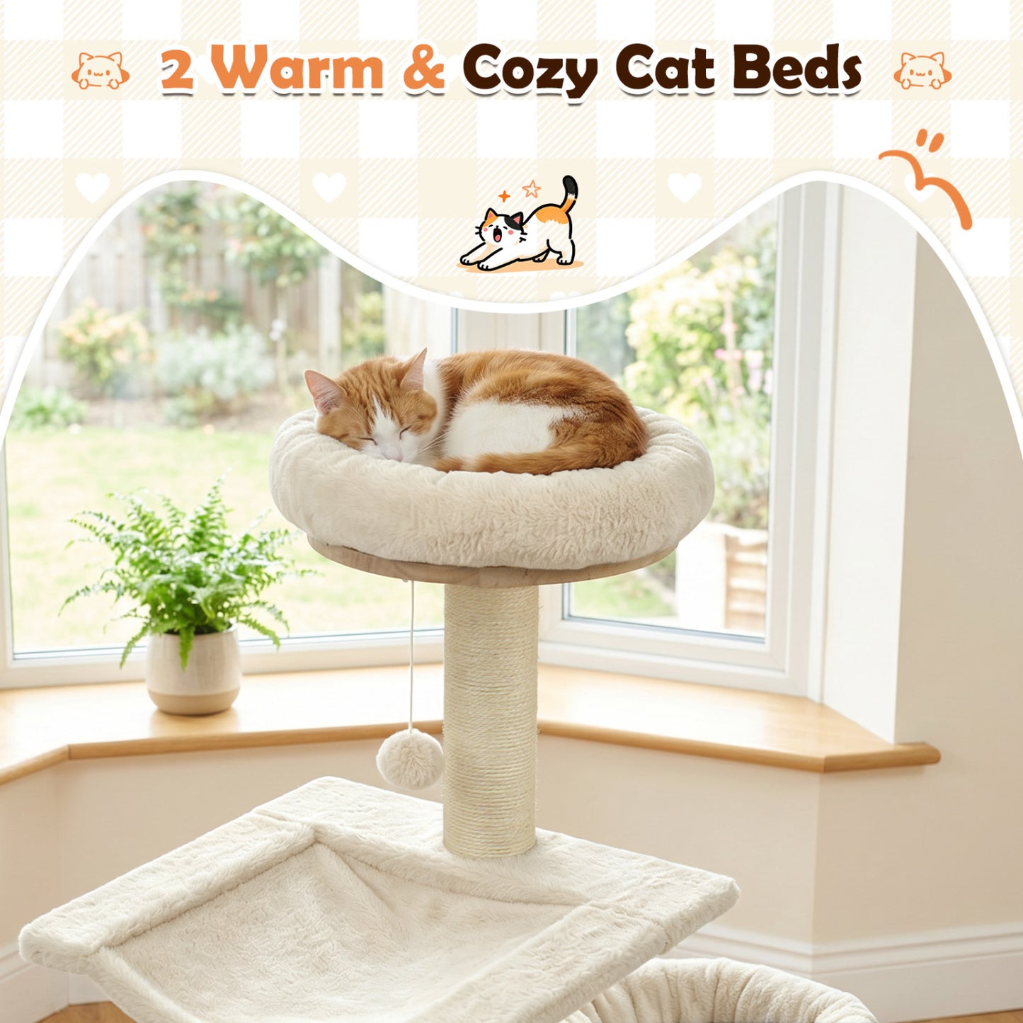 55" Solid Rubber Wood Cat Tree, Condo & Hammock, Beige