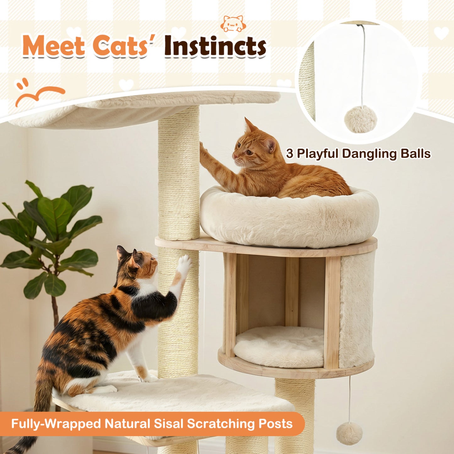 55" Solid Rubber Wood Cat Tree, Condo & Hammock, Beige