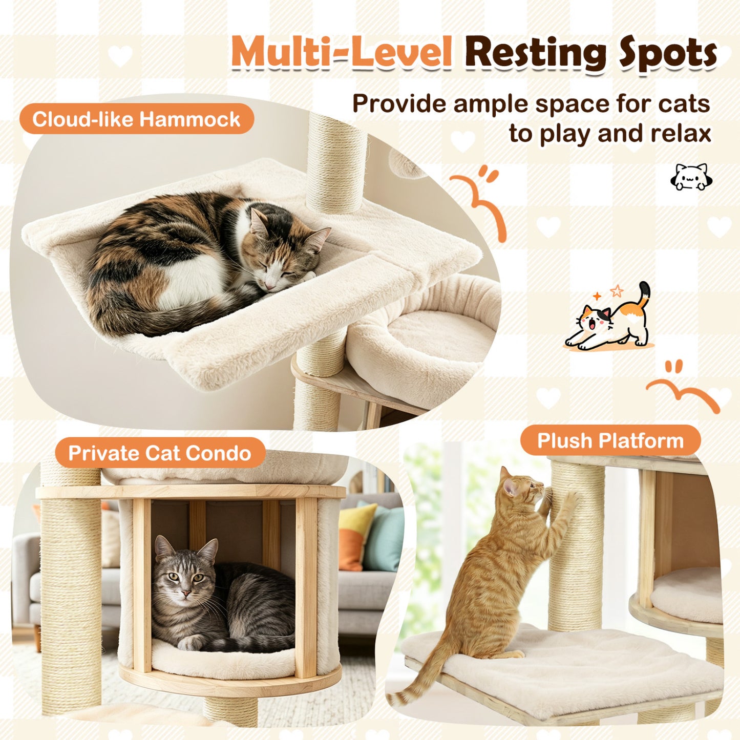 55" Solid Rubber Wood Cat Tree, Condo & Hammock, Beige