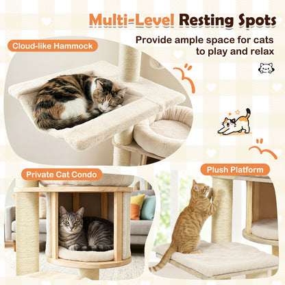 55" Solid Rubber Wood Cat Tree, Condo & Hammock, Beige