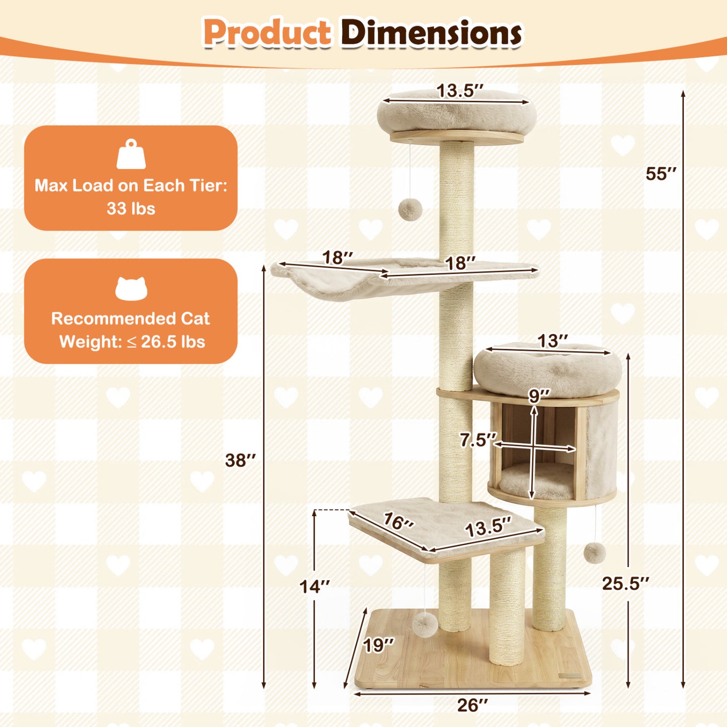 55" Solid Rubber Wood Cat Tree, Condo & Hammock, Beige