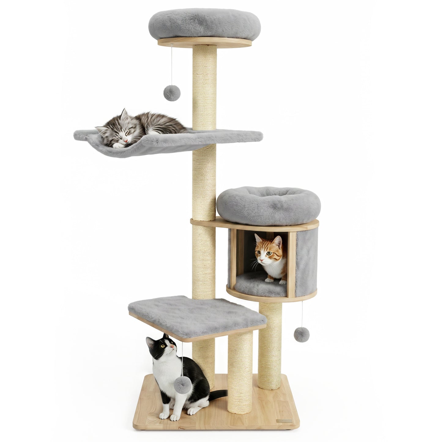 Solid Rubber Wood Cat Tree With Condo, Hammock, Scratching Posts, Gray