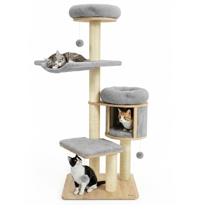 Solid Rubber Wood Cat Tree With Condo, Hammock, Scratching Posts, Gray