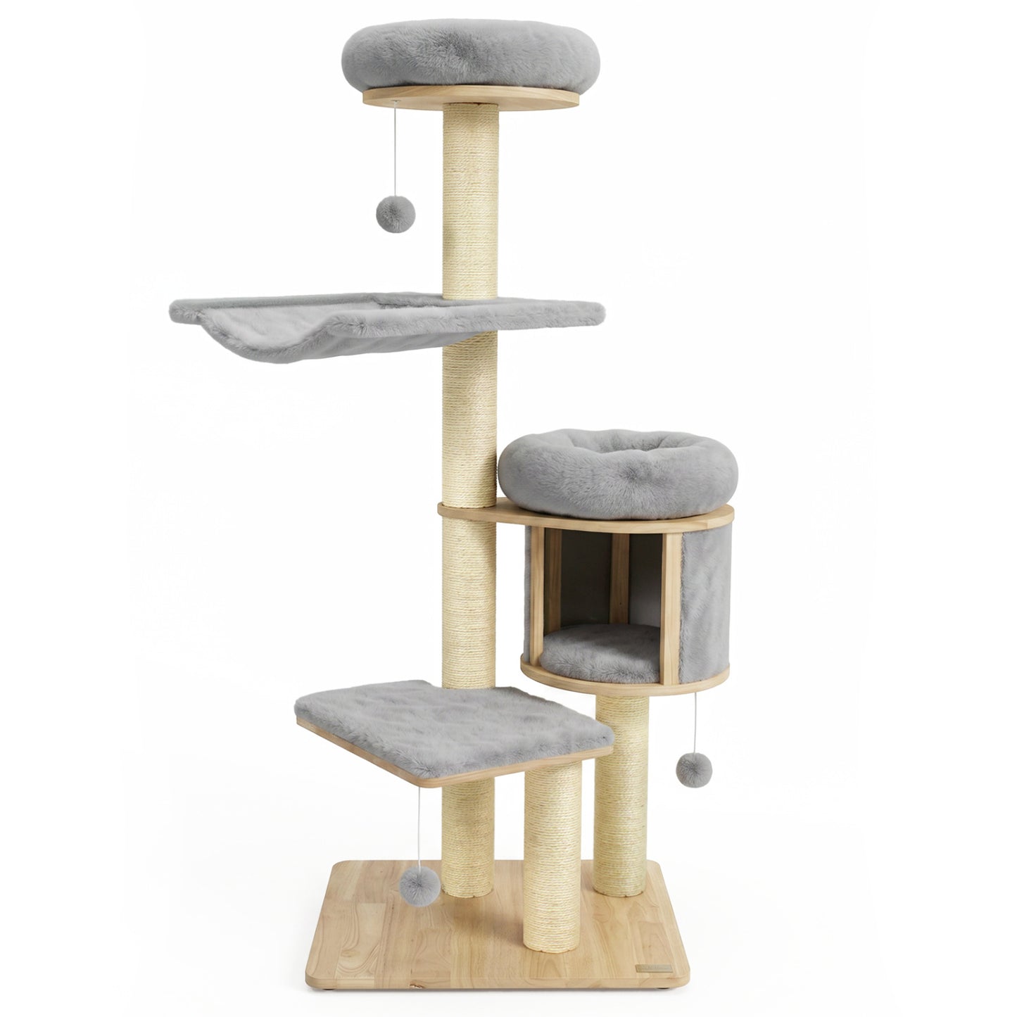 Solid Rubber Wood Cat Tree With Condo, Hammock, Scratching Posts, Gray