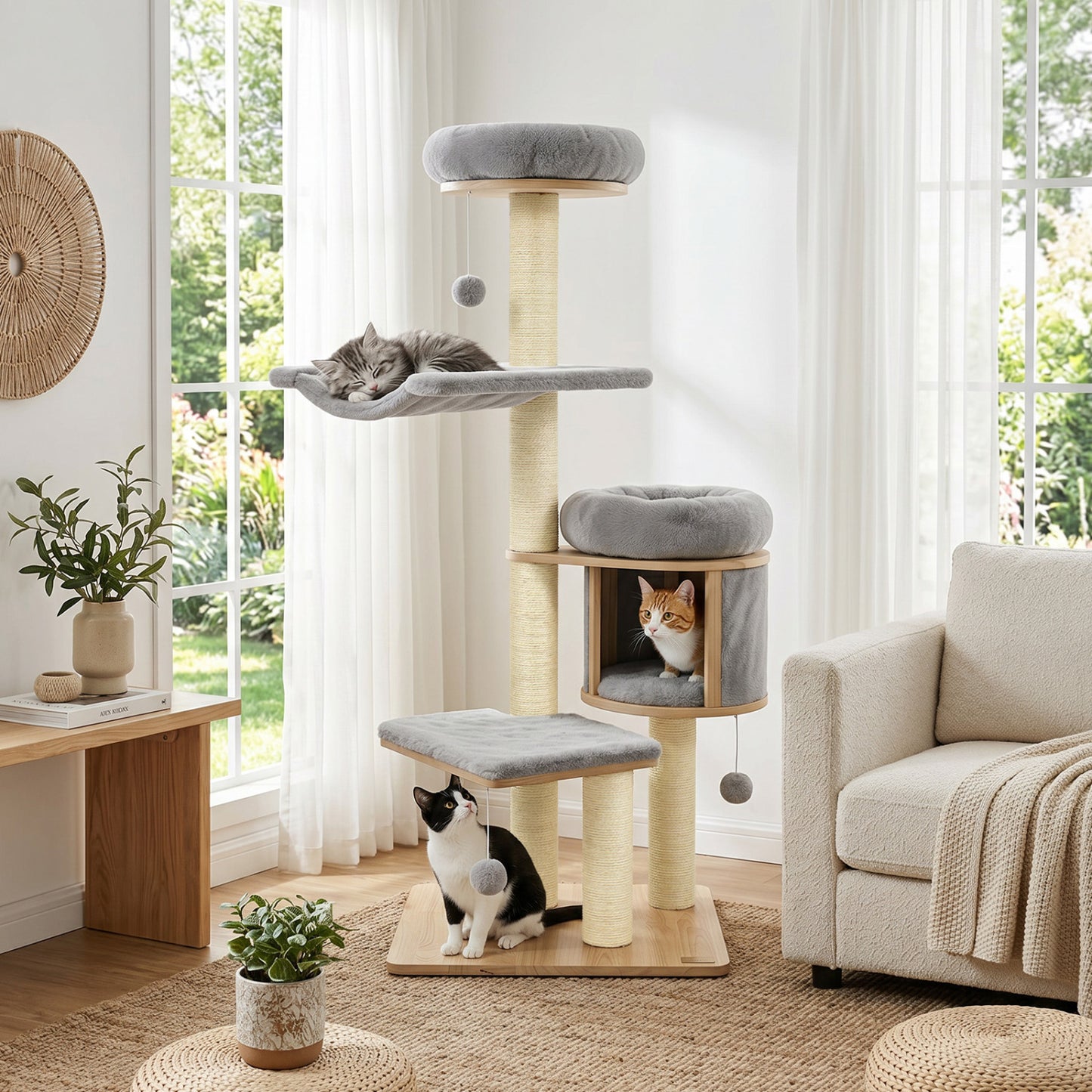 Solid Rubber Wood Cat Tree With Condo, Hammock, Scratching Posts, Gray