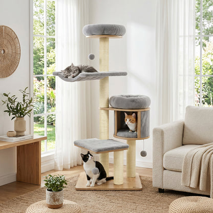 Solid Rubber Wood Cat Tree With Condo, Hammock, Scratching Posts, Gray