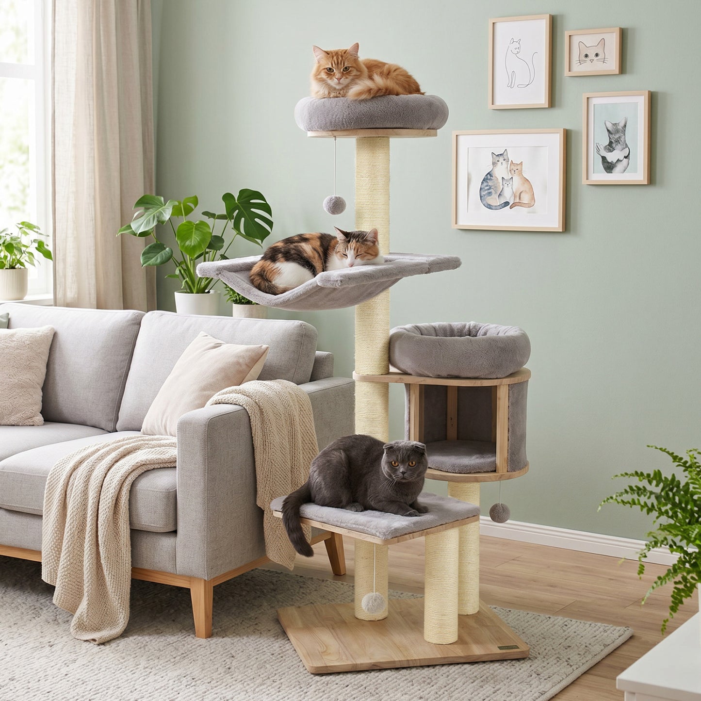 Solid Rubber Wood Cat Tree With Condo, Hammock, Scratching Posts, Gray