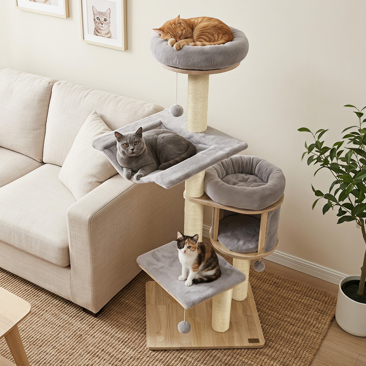 Solid Rubber Wood Cat Tree With Condo, Hammock, Scratching Posts, Gray