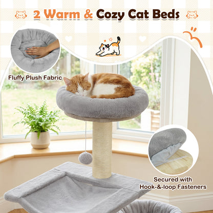 Solid Rubber Wood Cat Tree With Condo, Hammock, Scratching Posts, Gray