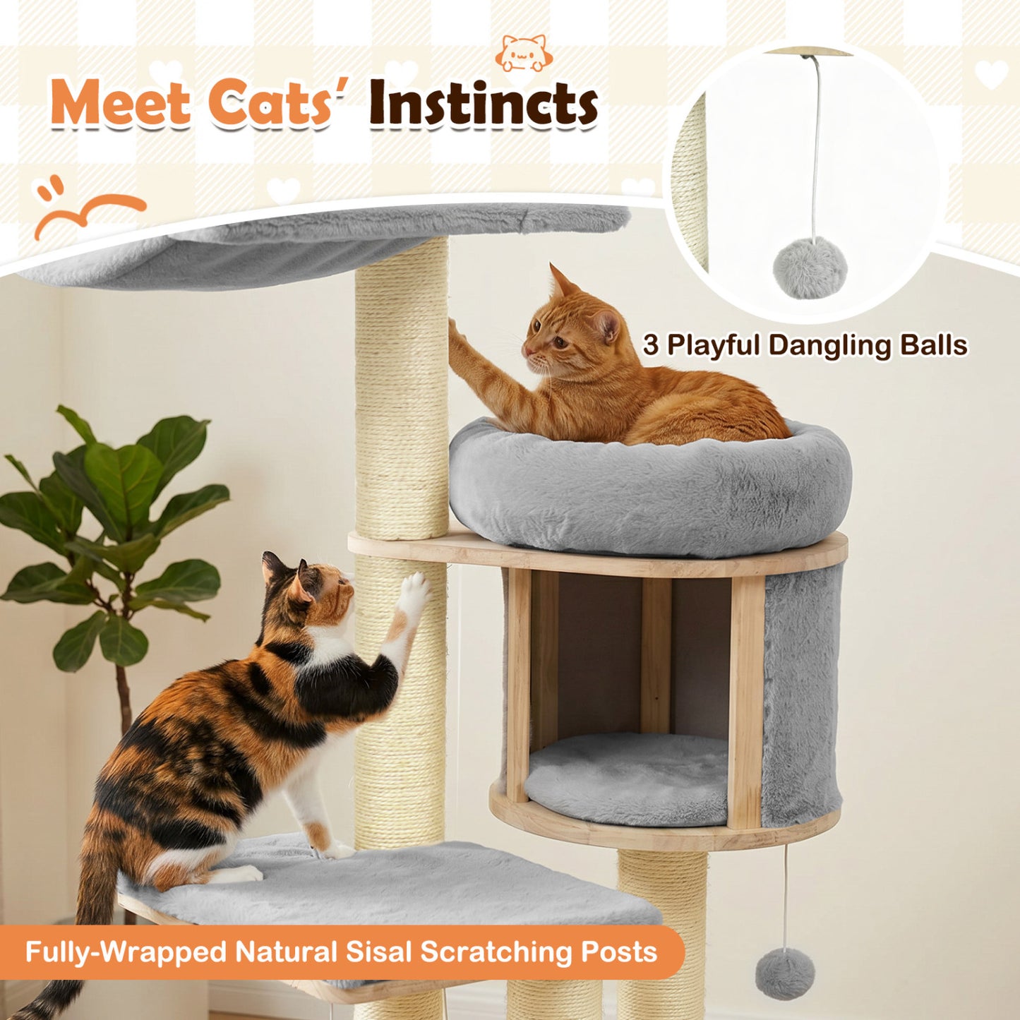 Solid Rubber Wood Cat Tree With Condo, Hammock, Scratching Posts, Gray