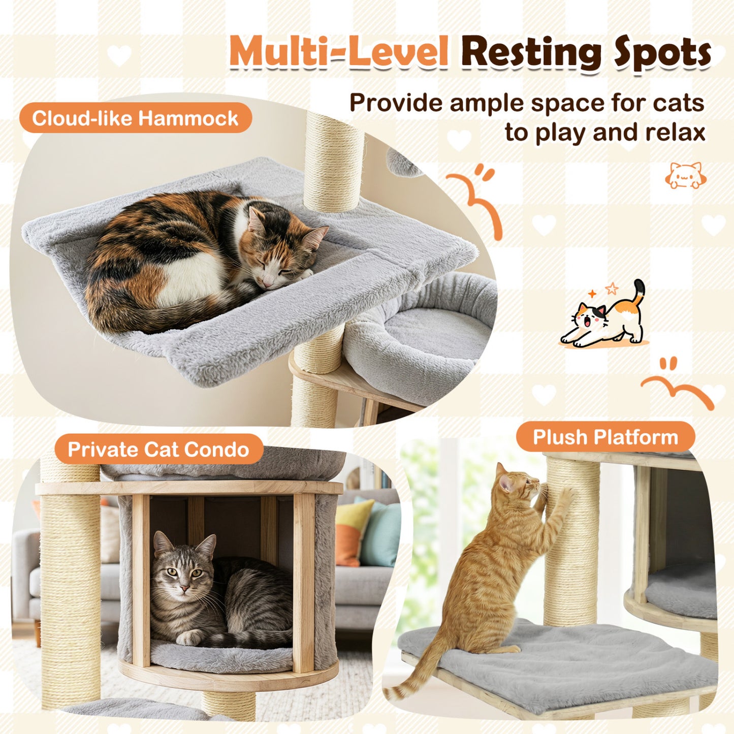 Solid Rubber Wood Cat Tree With Condo, Hammock, Scratching Posts, Gray