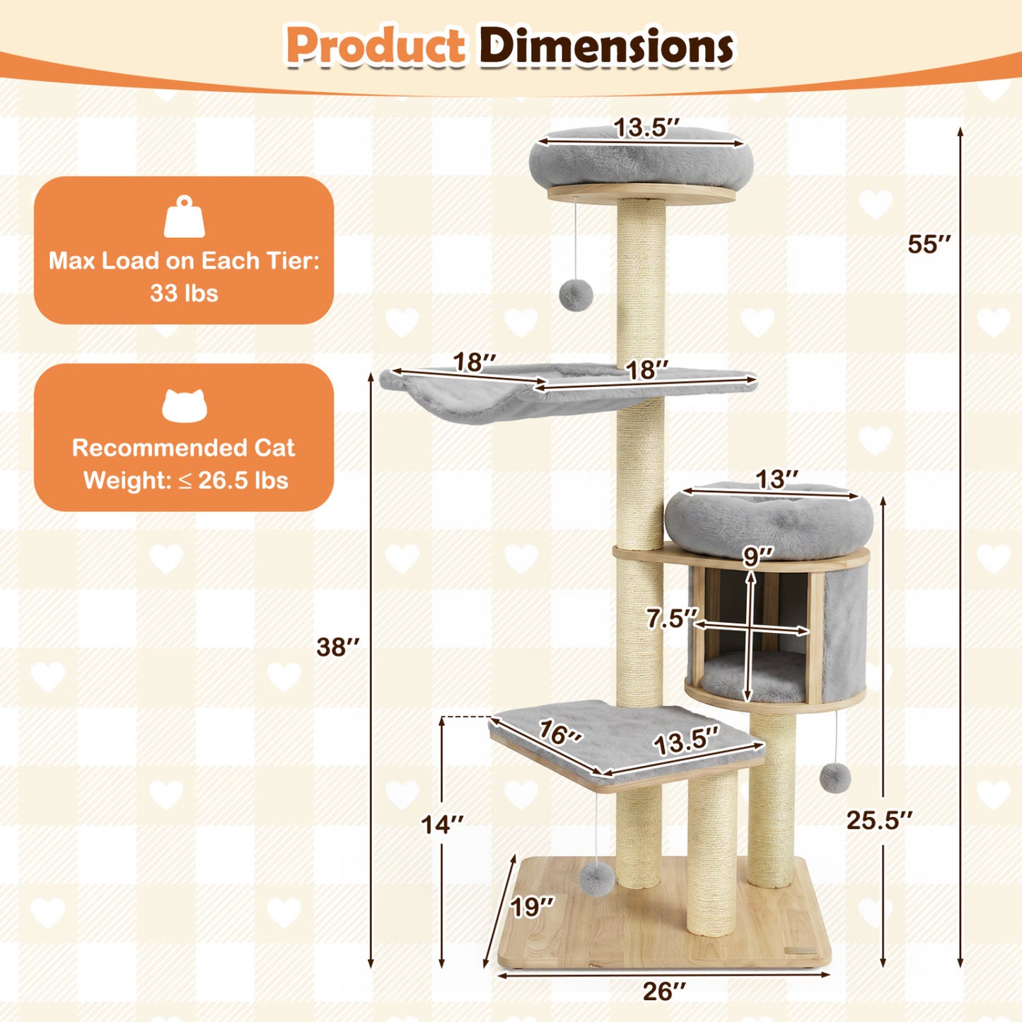 Solid Rubber Wood Cat Tree With Condo, Hammock, Scratching Posts, Gray